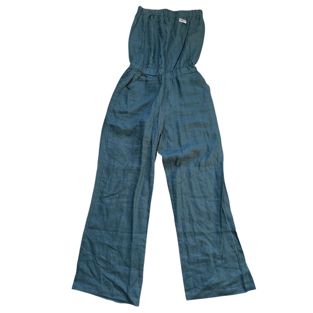 Mariyaab High Style 100% Linen Strapless Jumpsuit Wide Leg Women's Blue Medium